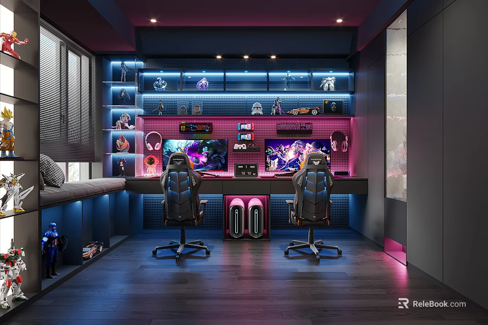 Modern Entertainment Room Setup With Gaming Chairs Desks And LED Lighting 3d model 