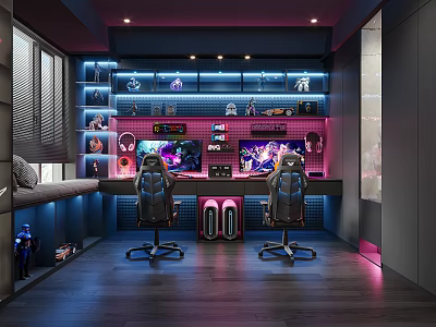Modern Entertainment Room Setup With Gaming Chairs Desks And LED Lighting 3d model