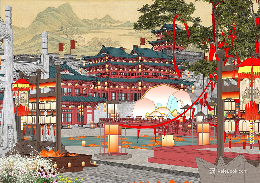 Ancient Chinese Architecture With Traditional Lanterns Red Decorations And Mountain Landscape 3d model 