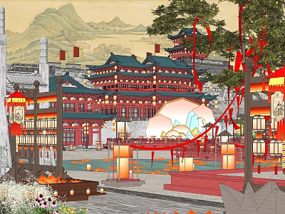 Ancient Chinese Architecture With Traditional Lanterns Red Decorations And Mountain Landscape 3d model