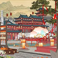 Ancient Chinese Architecture With Traditional Lanterns Red Decorations And Mountain Landscape