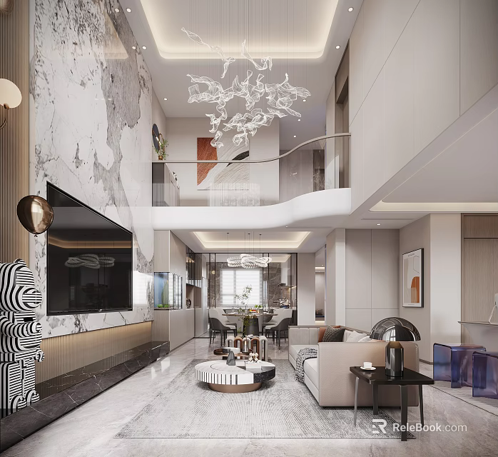 Modern Duplex Living Room With Marble And Chandelier 3d model 