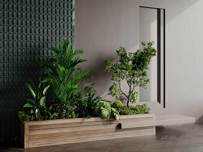 Mixed Indoor Plant Combination In Wooden Planter With Green Trees And Ferns 3d model