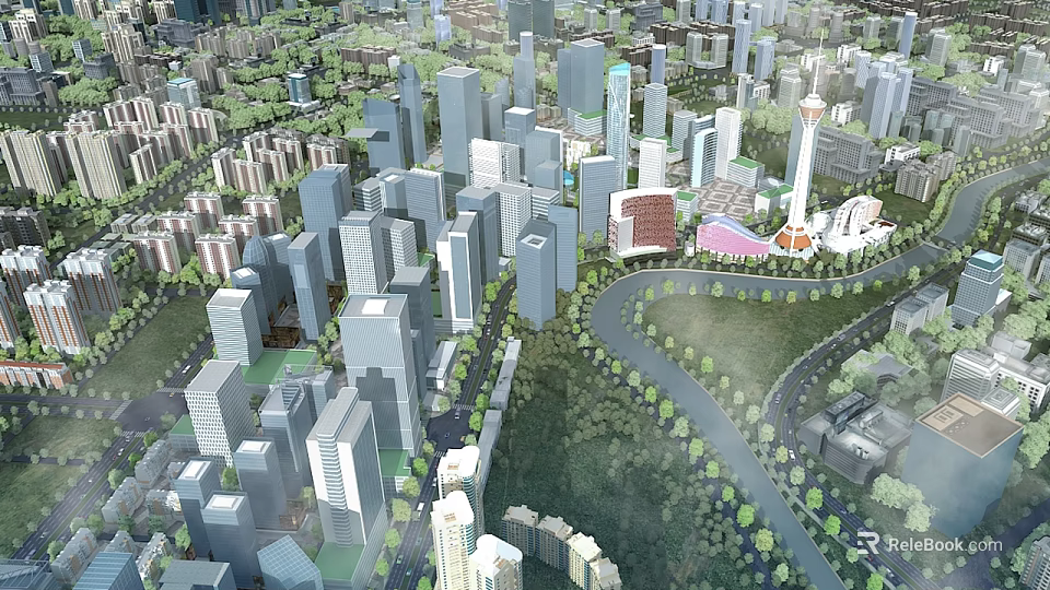 Aerial View Urban Planning With High Rise Buildings Green Spaces And Road Networks 3d model 