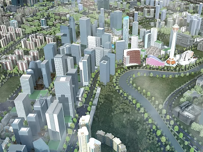 Aerial View Urban Planning With High Rise Buildings Green Spaces And Road Networks 3d model