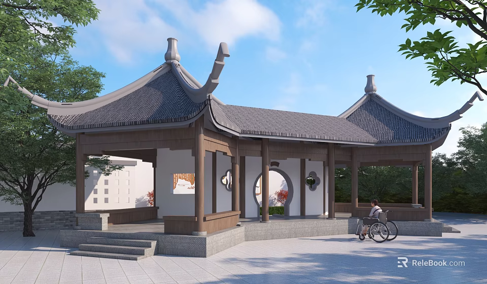 Traditional Chinese Landscape Pavilion Open-sided Design With Green Trees Blue Sky Wheelchair Accessible Area 3d model 