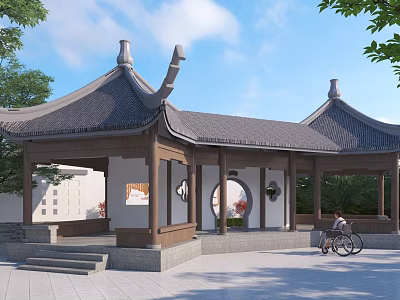 Traditional Chinese Landscape Pavilion Open-sided Design With Green Trees Blue Sky Wheelchair Accessible Area 3d model