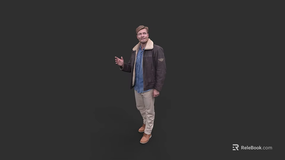 Man In Leather Jacket With Fur Collar Blue Shirt Khaki Pants Brown Shoes Black Background 3d model 