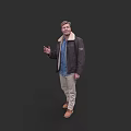 Man In Leather Jacket With Fur Collar Blue Shirt Khaki Pants Brown Shoes Black Background
