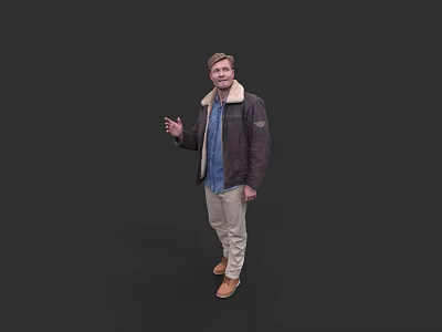 Man In Leather Jacket With Fur Collar Blue Shirt Khaki Pants Brown Shoes Black Background 3d model