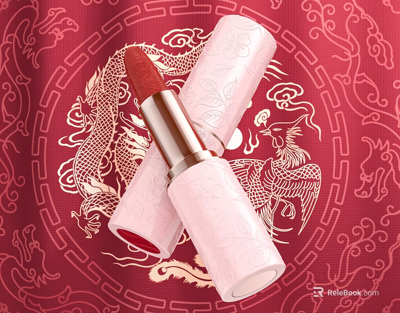 Pink Lipstick With Chinese Dragon Phoenix Pattern On Red Embossed Background 3d model 
