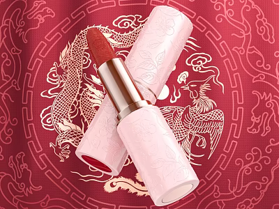 Pink Lipstick With Chinese Dragon Phoenix Pattern On Red Embossed Background 3d model