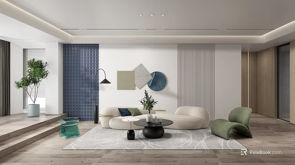 Modern Living Room Interior With White Sofa Decorative Wall Art And Potted Plant 3d model 