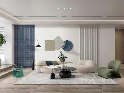 Modern Living Room Interior With White Sofa Decorative Wall Art And Potted Plant 3d model