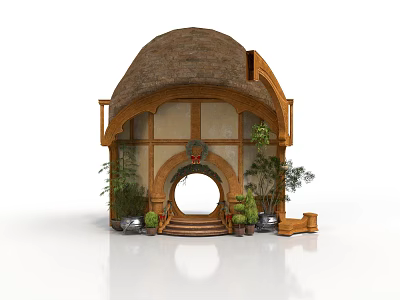 Traditional Thatched Roof Cottage With Wooden Structure Round Door Surrounding Plants And Stone Steps 3d model