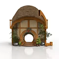 Traditional Thatched Roof Cottage With Wooden Structure Round Door Surrounding Plants And Stone Steps