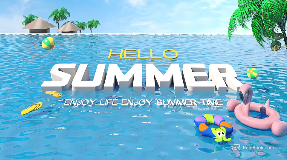 Summer Pool Scene With Hello Summer Sign Enjoy Life Time And Floating Toys 3d model 