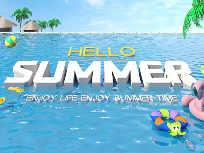 Summer Pool Scene With Hello Summer Sign Enjoy Life Time And Floating Toys 3d model