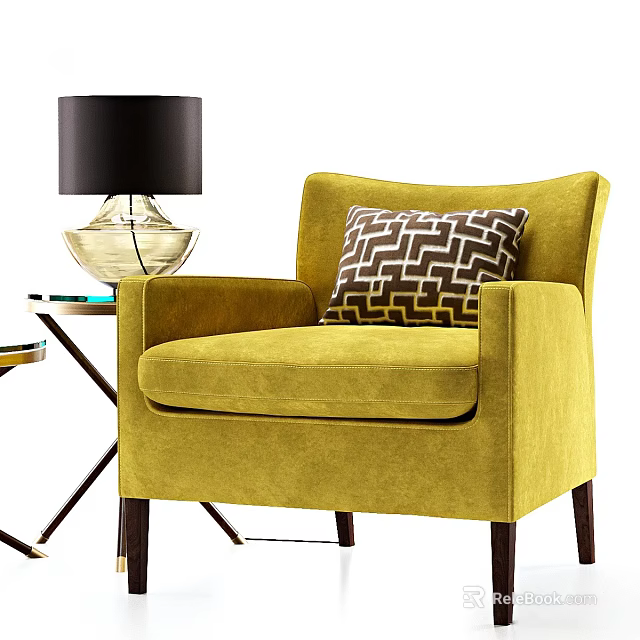 Modern Yellow Single Sofa With Geometric Pattern Pillow And Black Lampshade Side Table 3d model