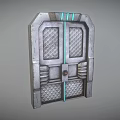 Futuristic Metal Double Door With Grid Panels And Blue Accent Lines Design