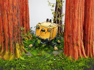 Yellow Smart Machine Among Red Trees With Grass And Small Stones 3d model