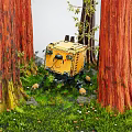 Yellow Smart Machine Among Red Trees With Grass And Small Stones 3d model