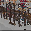 Wooden Bridge Structure With Railings Wooden Planks Support Posts And Decorative Lights