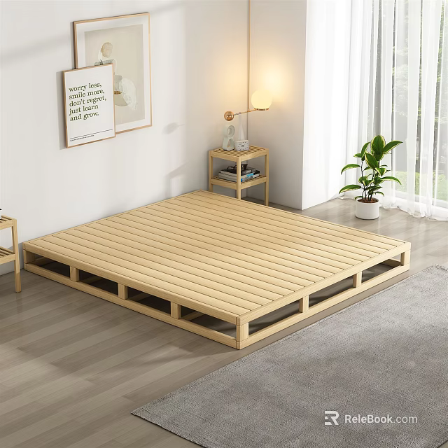 Minimalist Bedroom Interior With Wooden Platform Bed Nightstand Table Lamp And Plant 3d model 