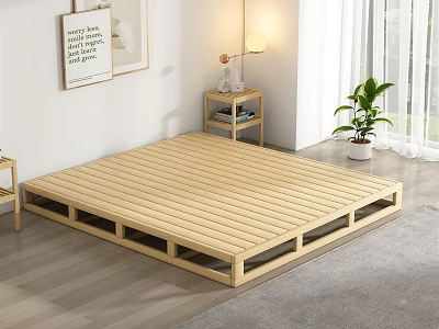 Minimalist Bedroom Interior With Wooden Platform Bed Nightstand Table Lamp And Plant 3d model