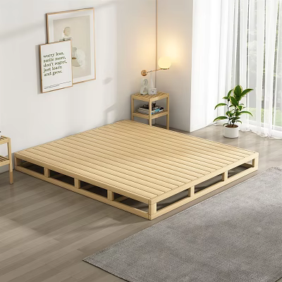 Minimalist Bedroom Interior With Wooden Platform Bed Nightstand Table Lamp And Plant 3d model