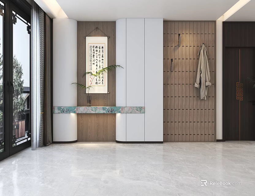 Modern Entryway Cabinet And Side Cabinet With Wooden Wall Panel Marble Countertop And Hanging Painting 3d model 