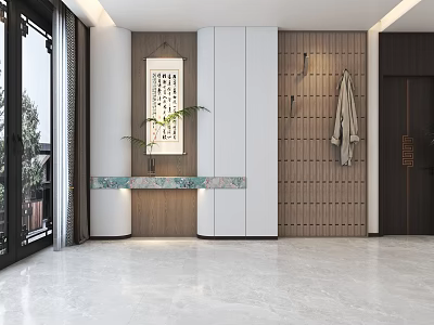 Modern Entryway Cabinet And Side Cabinet With Wooden Wall Panel Marble Countertop And Hanging Painting 3d model