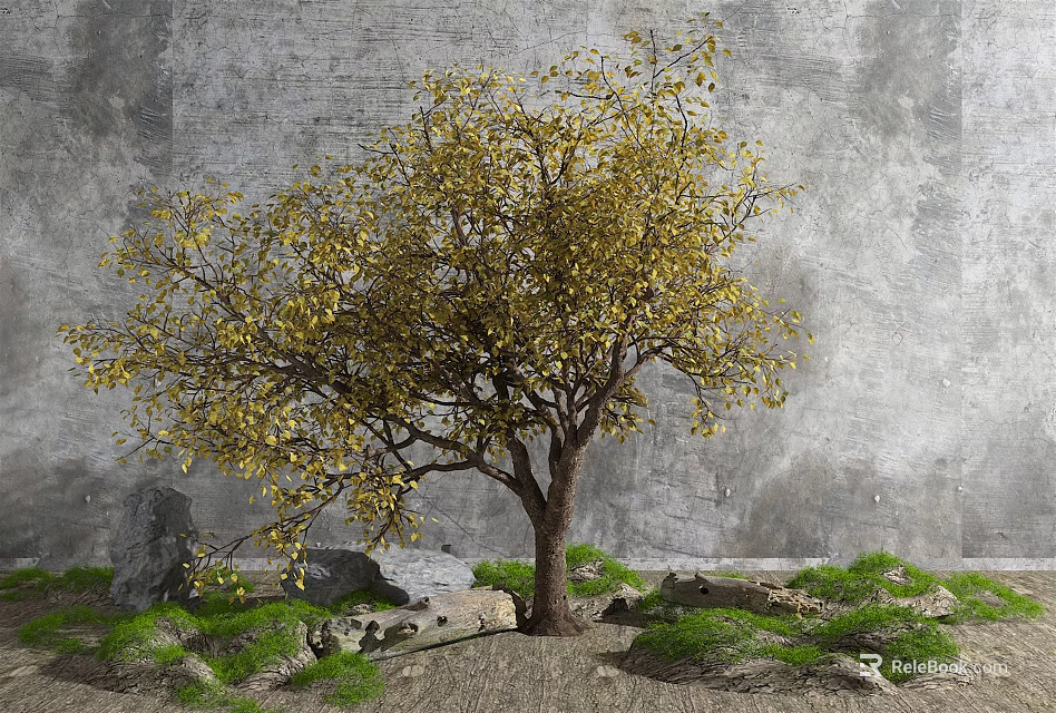 Lush Arbor With Yellow Leaves Stones And Green Grass Against Gray Wall 3d model 