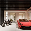 Modern Garage Interior With Sports Car And Motorcycle