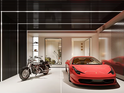 Modern Garage Interior With Sports Car And Motorcycle 3d model