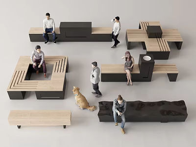 Modern Geometric Landscape Seats In Wooden And Black Design With People Sitting Around 3d model