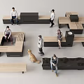 Modern Geometric Landscape Seats In Wooden And Black Design With People Sitting Around