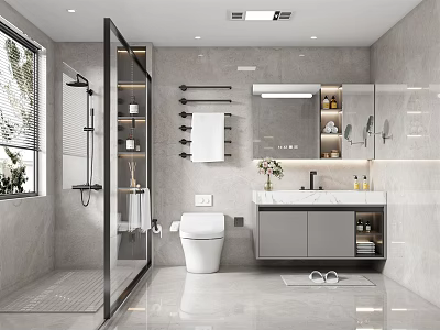 Modern Bathroom Interior With Glass Shower White Toilet Vanity Cabinet Mirror And Towel Rack 3d model