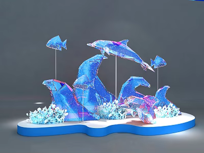 Vibrant Blue Dolphin And Fish 3D Sculptures With White Decorations On Wavy Blue Base 3d model