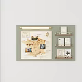 Modern Green Wall Decor With Map Photos Shelves And Lighting Fixture