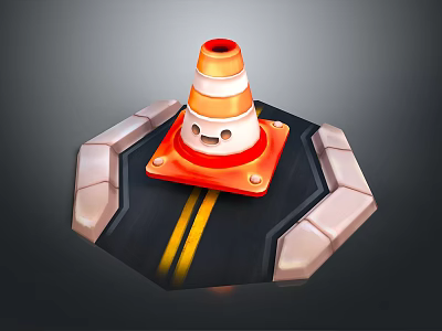 Cartoon Road Structure With Orange White Traffic Cone Smiley Face Yellow Lines And Stone Edges 3d model
