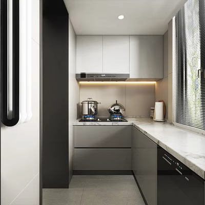 Modern Open Concept Kitchen Interior With Island Counter And White Cabinets Lighting 3d model