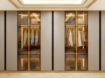 Modern Closet Design With Glass Doors Golden Frame Hanging Clothes And Folded Items 3d model