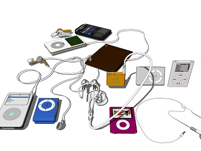 Collection of Colorful Portable Digital Devices Including iPod Headphones Data Cables and Chargers 3d model