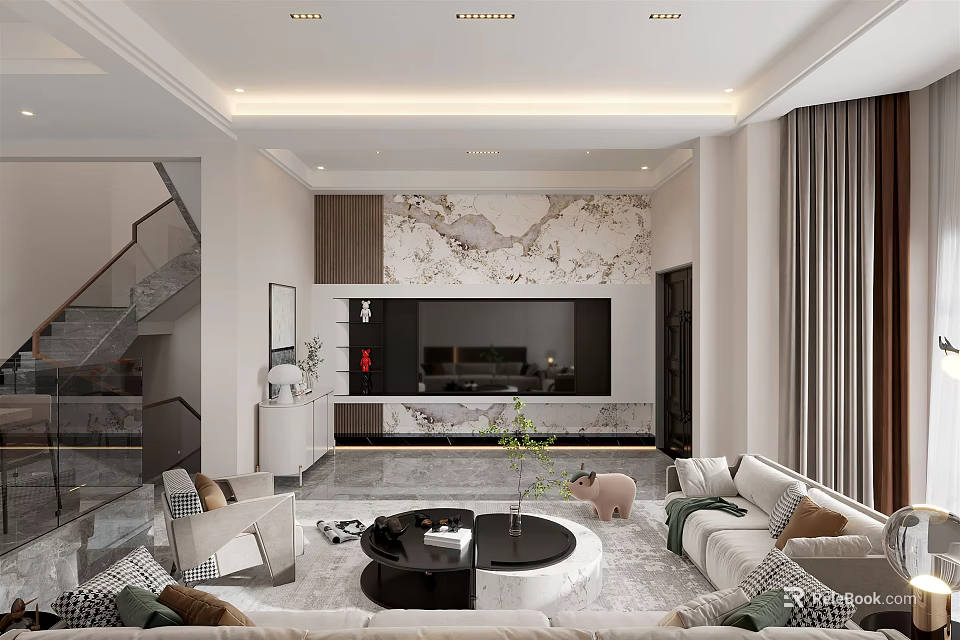 Modern Living Dining Room Interior Design With Marble Feature Wall Sofa And Coffee Table 3d model