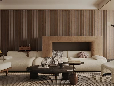 Warm Living Room Interior With Wooden Striped Wall Fireplace White Sofa And Coffee Table 3d model