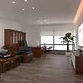 Modern Office With Open Workspace Sofa Coffee Table Green Plant Bookcase Desk And Floor-to-Ceiling Window