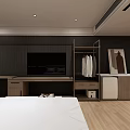 Modern Hotel Guest Room With Wooden Wall Panels Bed And Open Bathroom Area