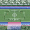 Green Artificial Turf Football Field With White Goalposts Blue Red Running Track