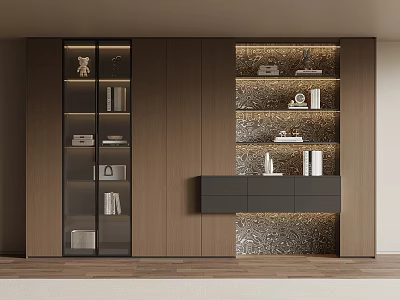 Modern Bookcase Interior Design With Wooden Panels Glass Doors Built-in Lighting And Decorative Items 3d model